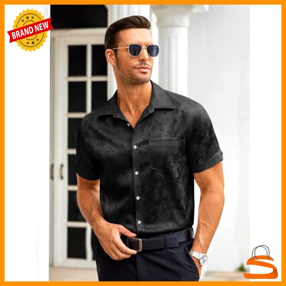 Silk Satin Button Down Shirt Short Sleeve Loose Fit Jacquard Design Summer - Picture 3 of 7